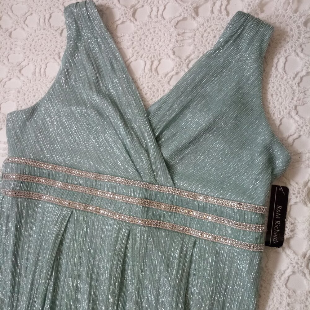 New R&M Richards Maxi Dress Fit Flare Aqua Blue Glitter Empire Waist 14 P Women - Picture 3 of 8